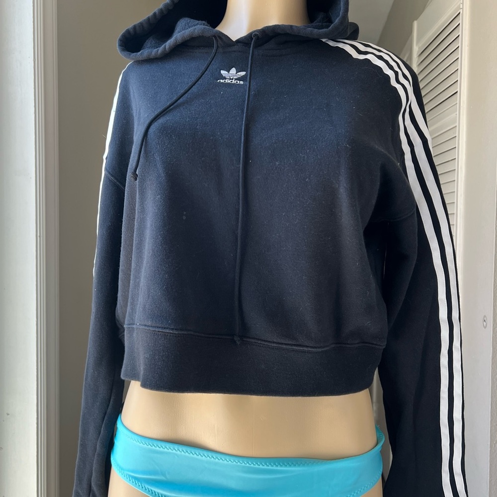 Adidas Black Hoodie with White Stripes pit 22 length 18